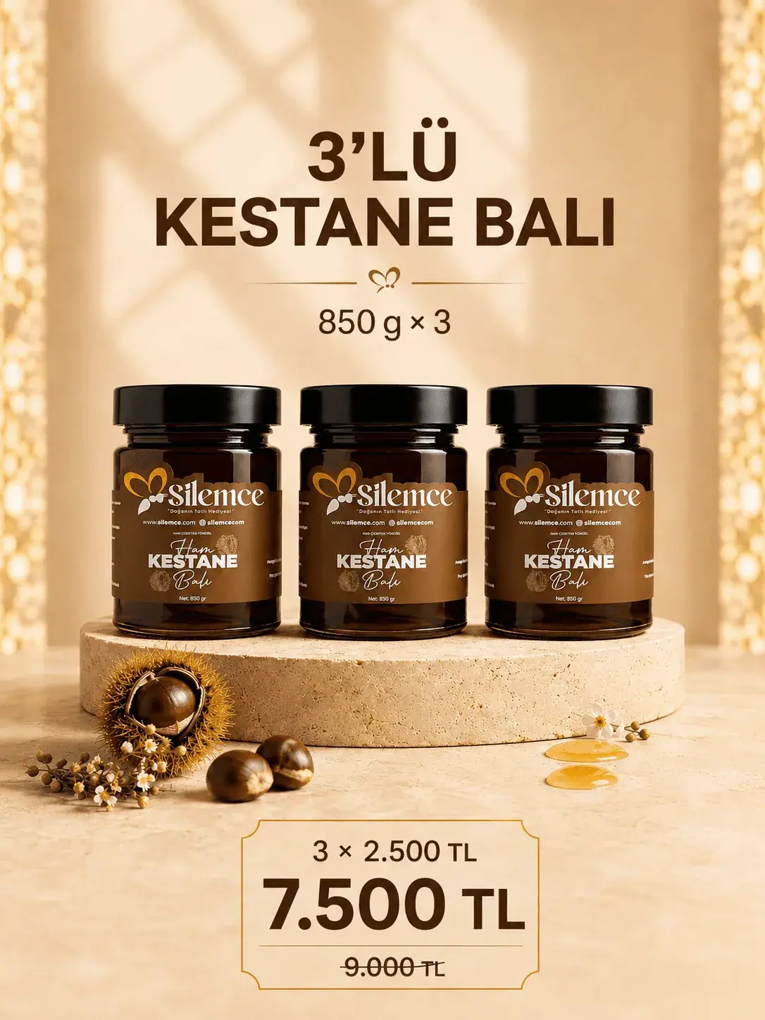 Kestane balı seti - Şilemce 3 adet 850 gr ham kestane balı avantajlı paket