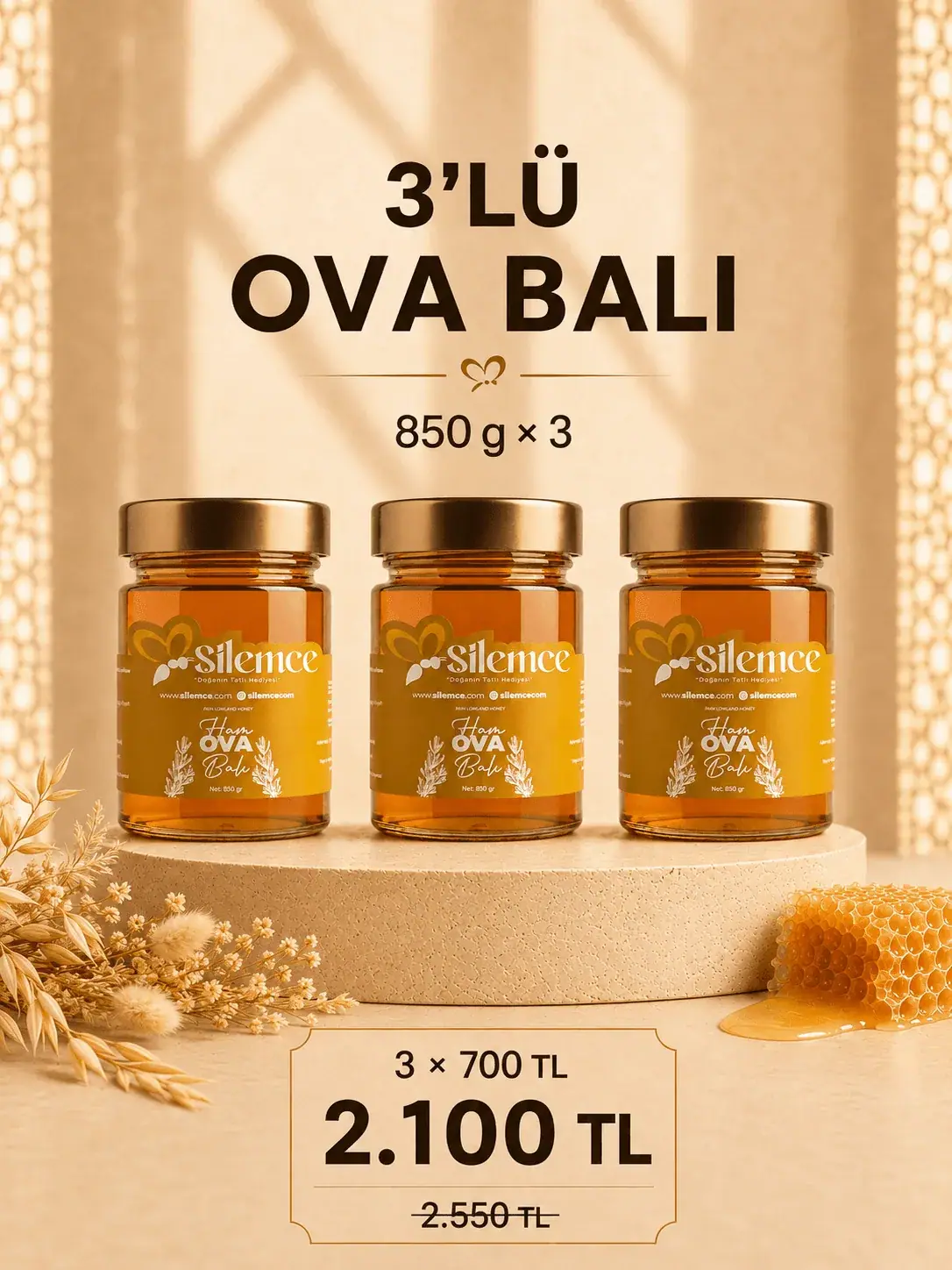 Ova balı seti - Şilemce 3 adet 850 gr ham ova balı avantajlı paket