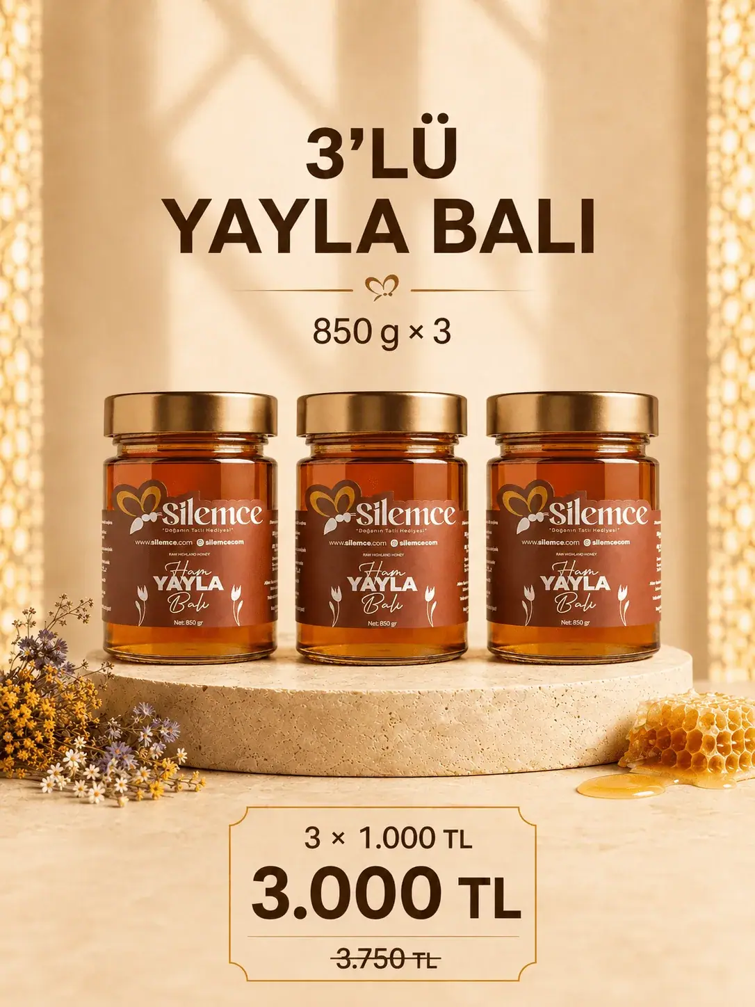 Yayla balı seti - Şilemce 3 adet 850 gr ham yayla balı avantajlı paket