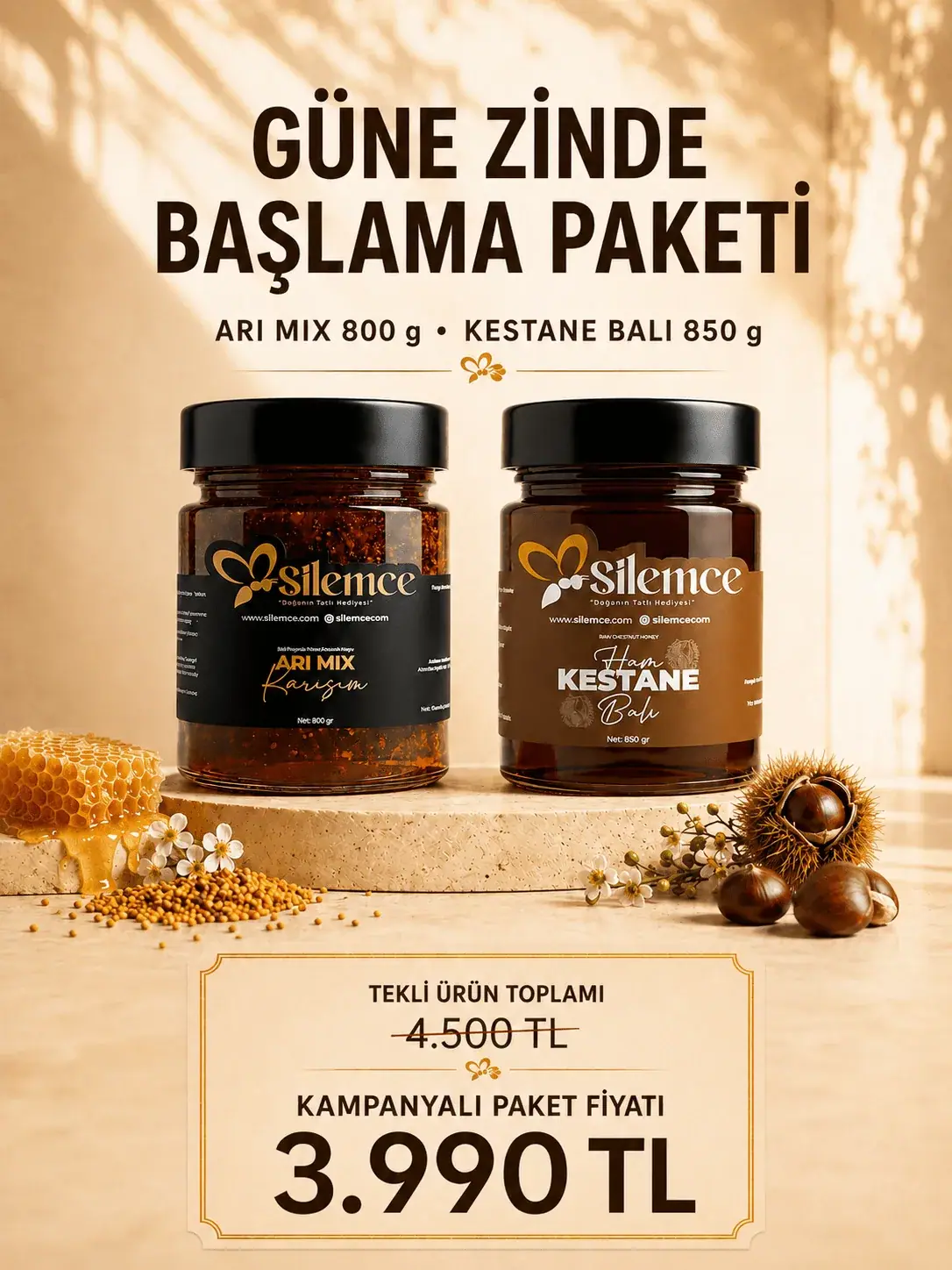 Güne zinde başlama paketi - Şilemce arı mix karışım 800 gr ve ham kestane balı 850 gr