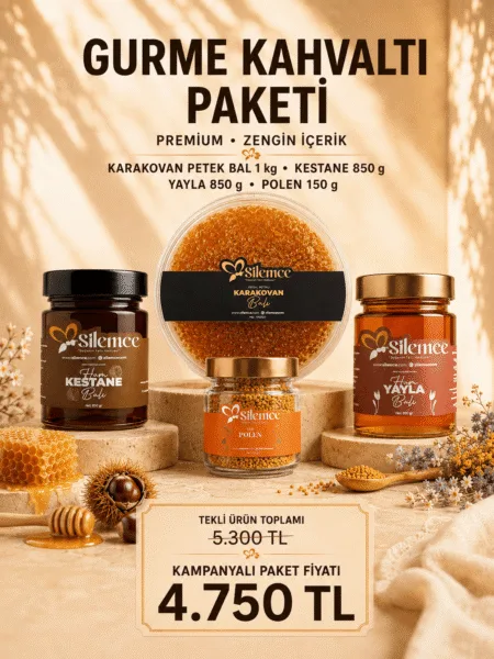 Gurme kahvaltı paketi - Şilemce karakovan petek bal 1 kg, ham kestane balı 850 gr, ham yayla balı 850 gr ve taze polen 150 gr