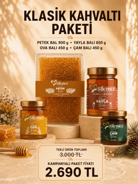 Klasik kahvaltı paketi - Şilemce petek bal 900 gr, ham yayla balı 850 gr, ham ova balı 450 gr ve ham çam balı 450 gr