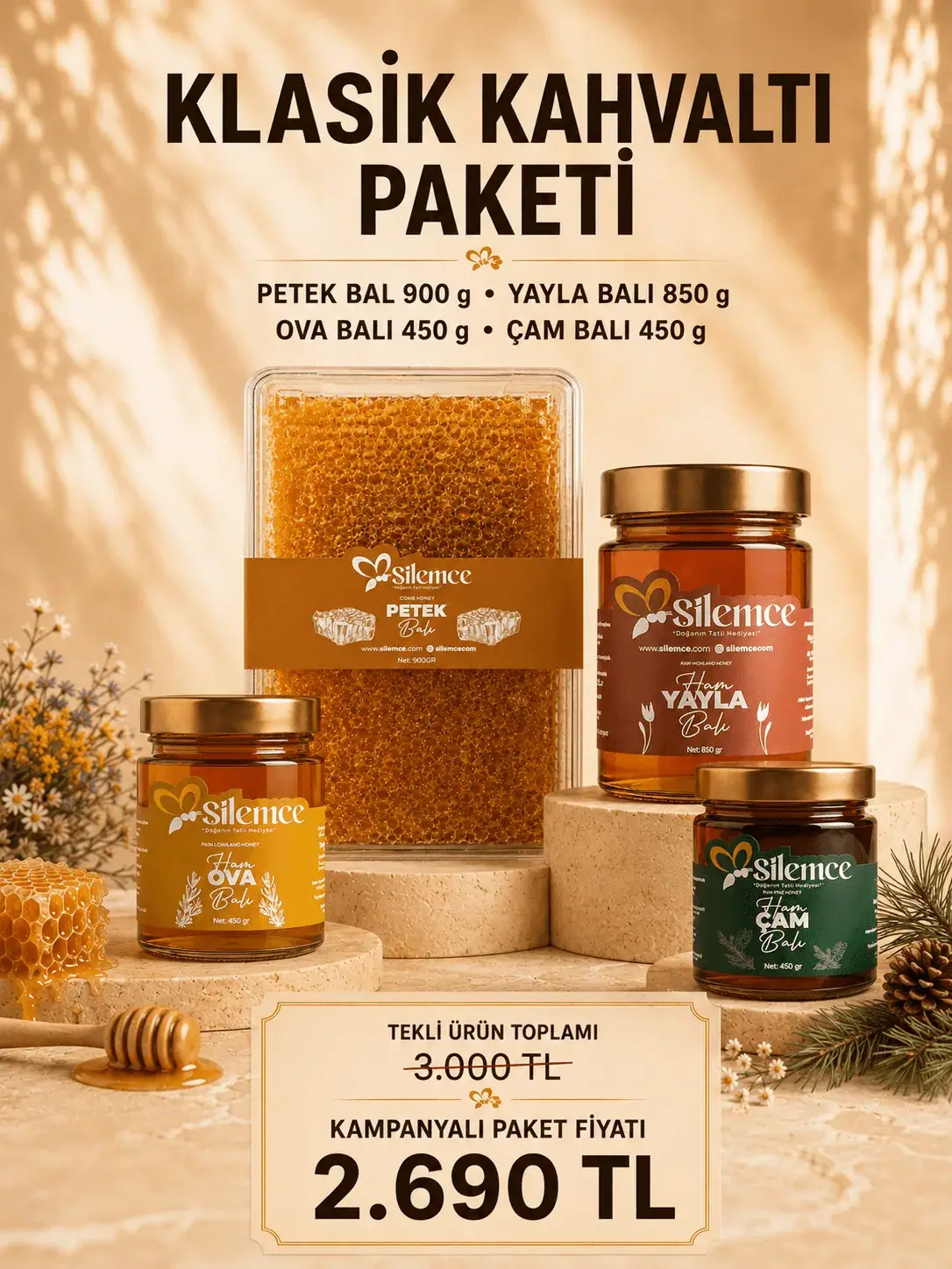 Klasik kahvaltı paketi - Şilemce petek bal 900 gr, ham yayla balı 850 gr, ham ova balı 450 gr ve ham çam balı 450 gr