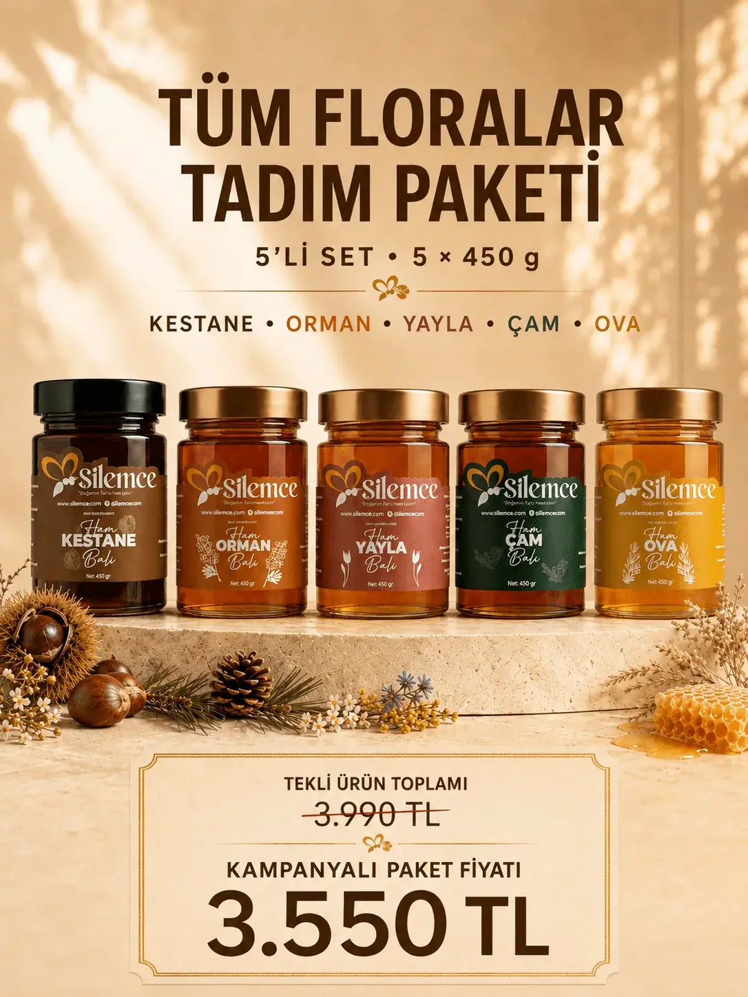 Tadım paketi - Şilemce 5'li bal seti: kestane, orman, yayla, çam ve ova balı 450 gr
