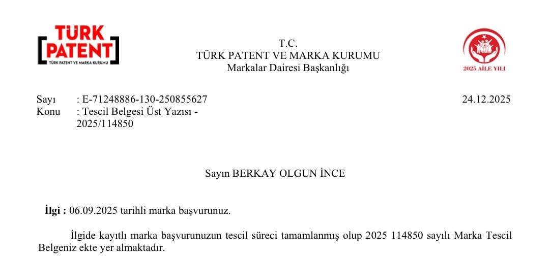 Şilemce marka tescil belgesi, Türk Patent ve Marka Kurumu, tescil no 2025/114850